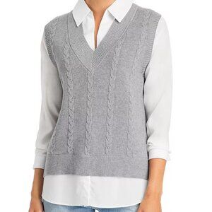 NWT Sioni Milano Layered Collared Look Grey and White Long sleeve Sweater Size M